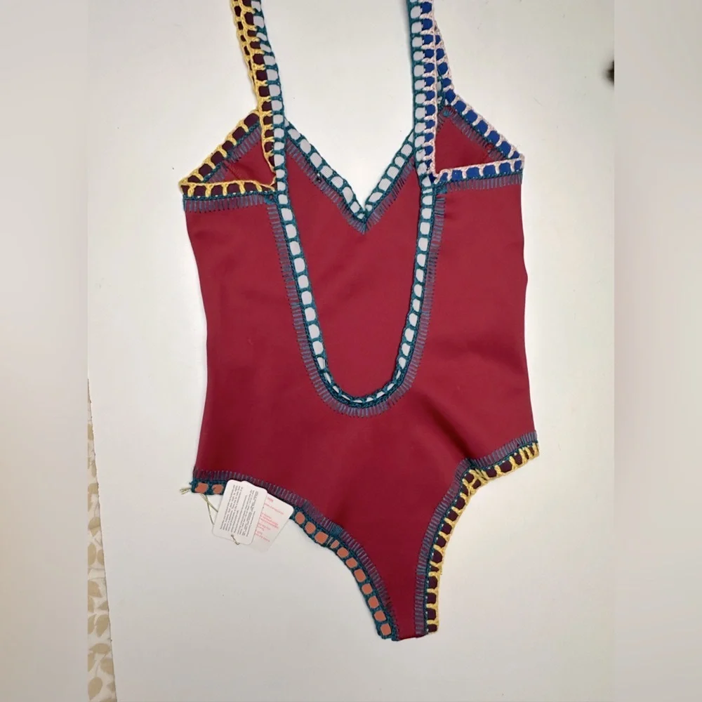 KIINI Red/Multicolored Soley Scoop Back Maillot Crochet One Piece Swimsuit NWT M